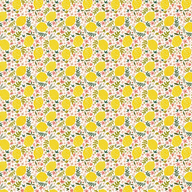 a pattern of lemons and flowers on a white background, by Lucette Barker, digital art, 256x256, cute girls, many small details, scrapbook paper collage