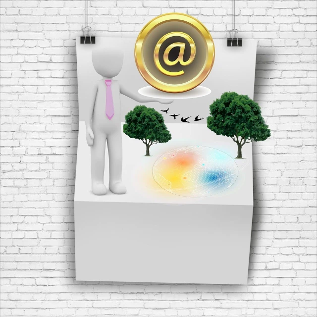 a man that is standing in front of a sign, a picture, computer art, white paper background, portlet photo, technology and nature, email