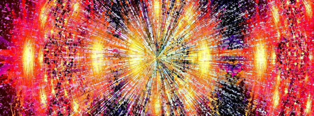 a painting of a burst of red and yellow, a digital rendering, by Jon Coffelt, pexels, kinetic pointillism, large hadron collider, colorful refracted sparkles, explosion of data fragments, infinite quantum portal