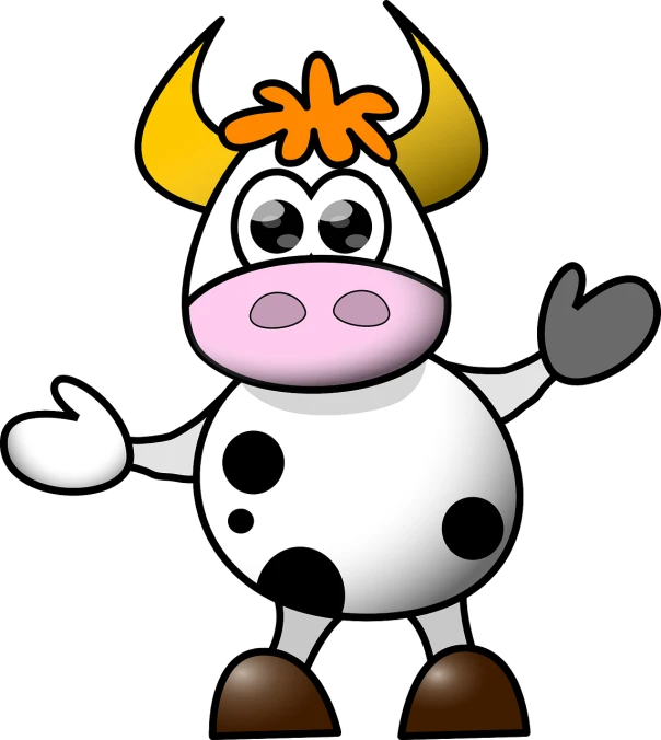 a cartoon cow with horns and a bow on its head, a digital rendering, pixabay, digital art, waving, !!! very coherent!!! vector art, & a dark, white with black spots