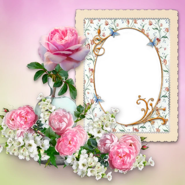 a white vase filled with pink flowers next to a picture frame, a picture, by Marie Bashkirtseff, shutterstock, romanticism, translucent roses ornate, beautiful composition 3 - d 4 k, beautiful flower, album