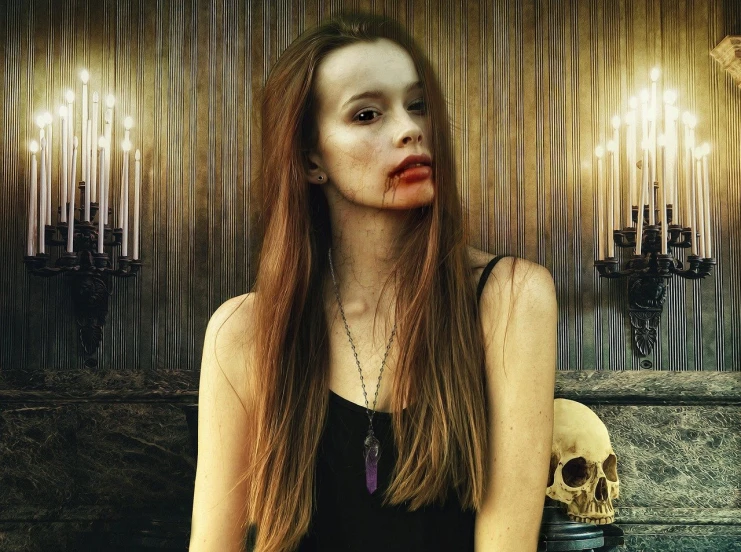 a woman with blood all over her face, a portrait, pixabay contest winner, gothic art, with long hair, dark lips, necromancer sitting at table, retouched in photoshop