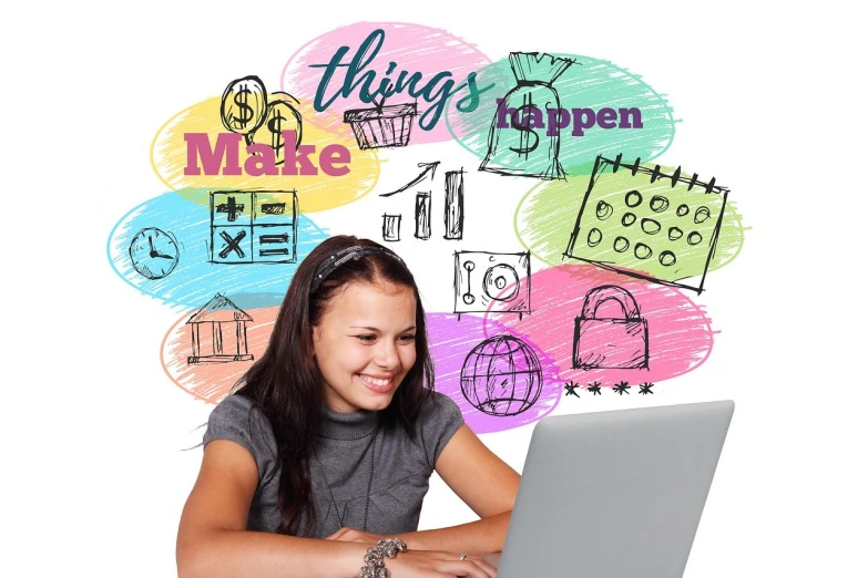 a woman sitting in front of a laptop computer, by John Luke, trending on pixabay, happening, with lots of text and icons, girl creates something great, teen girl, stock photo