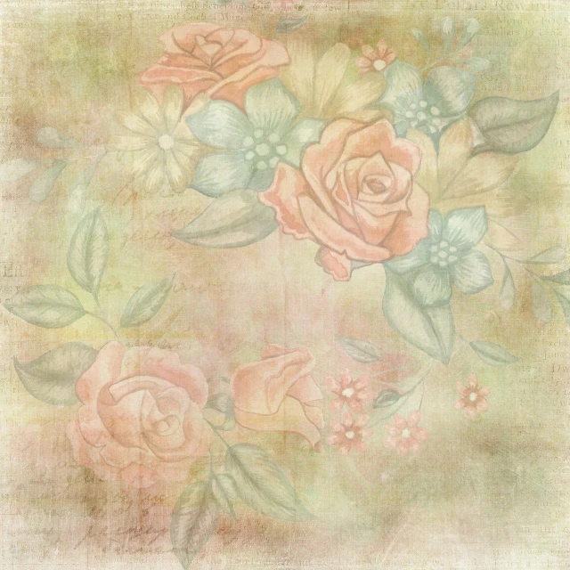 a painting of a bunch of flowers on a wall, a pastel, by Cindy Wright, trending on pixabay, baroque, textured parchment background, melanchonic rose soft light, scrapbook, 3 2 x 3 2