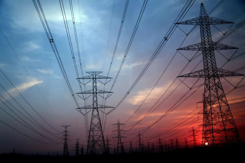 power lines with the sun setting in the background, a stock photo, by Andrei Kolkoutine, shutterstock, stacks, blue and red lights, full body close-up shot, [ [ hyperrealistic ] ]