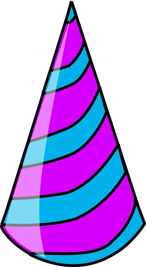 a purple and blue party hat on a black background, a cartoon, pixabay, pink and blue colors, cone shaped, very long, ( 3 1