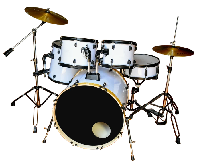 a close up of a drum kit on a black background, by Wayne England, shutterstock, dressed in a beautiful white, digital art. photo realistic, modern very sharp photo, hyper detailed photo