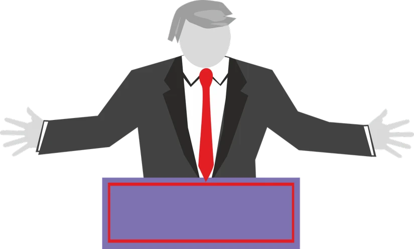 a man in a suit and tie standing behind a podium, a cartoon, by Tom Carapic, pixabay, stuckism, trump, gray men, reclections, gameshow