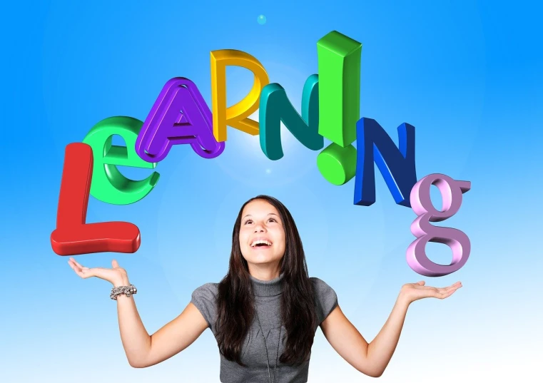 a woman holding the word learning above her head, trending on pixabay, academic art, having fun. vibrant, _3d-terms_, trending on attestation, colorful picture