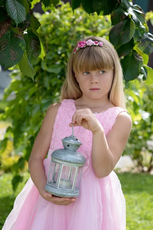 a little girl in a pink dress holding a lantern, inspired by Carl Larsson, pixabay, girl silver ponytail hair, serious focussed look, a blond, young teen