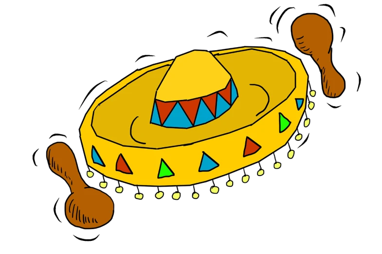 a sombren and two wooden spoons on a black background, a digital rendering, rasquache, wearing sombrero, colored lineart, flying saucer, black. yellow