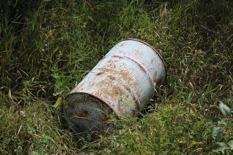 a rusted metal barrel sitting in the grass, by Richard Carline, photo of poor condition, basic photo, float, empty