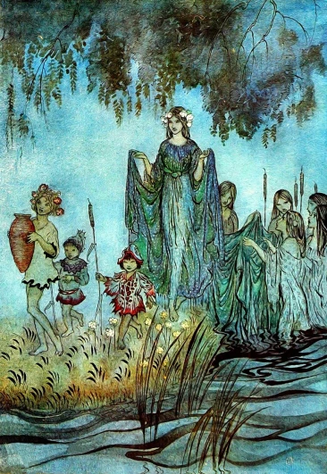 a painting of a group of people standing next to a body of water, a storybook illustration, by Arthur Rackham, pixabay, art nouveau, smiling as a queen of fairies, morning detail, rene lalique, m.w kaluta