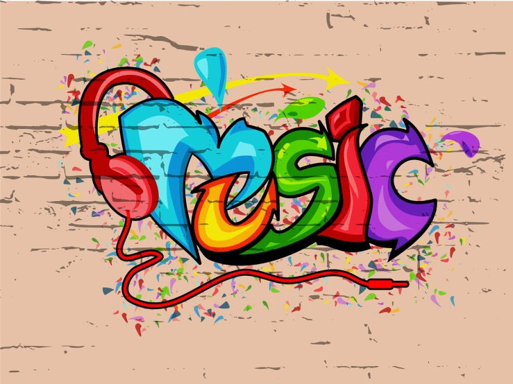 the word music is painted on a brick wall, graffiti art, by Menez, shutterstock, graffiti, epic full color illustration, wooden, cartoon style illustration, mystic style
