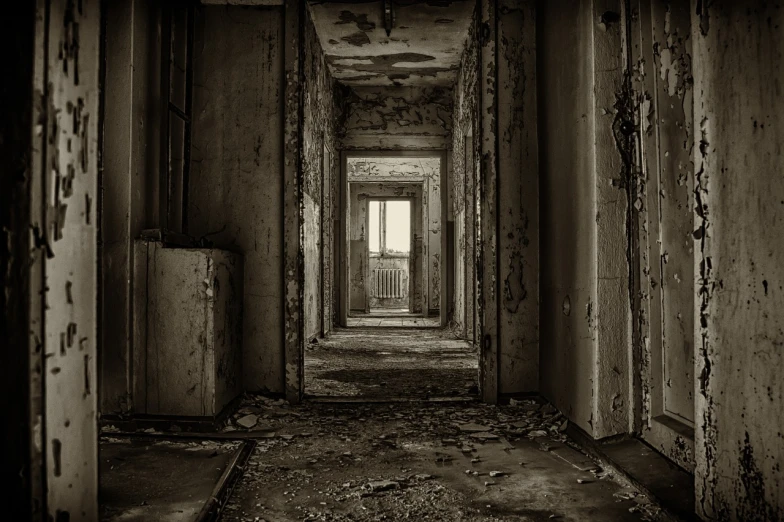 a black and white photo of a hallway in an old building, by Petr Brandl, flickr, apocalyptic, old sepia photography, doors that are cosmic portals, photo of poor condition