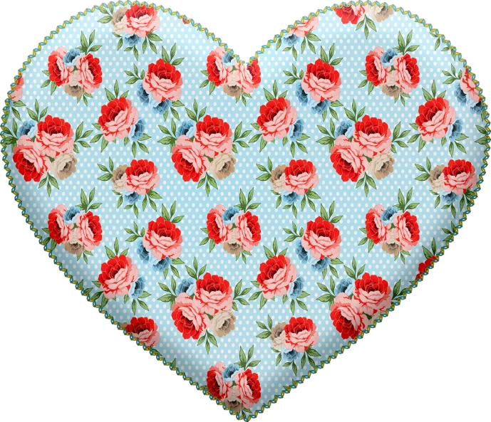a heart shaped pillow with flowers on it, a digital rendering, inspired by Margaret Brundage, pop art, roses background, widescreen shot, rice, scrapbook paper collage