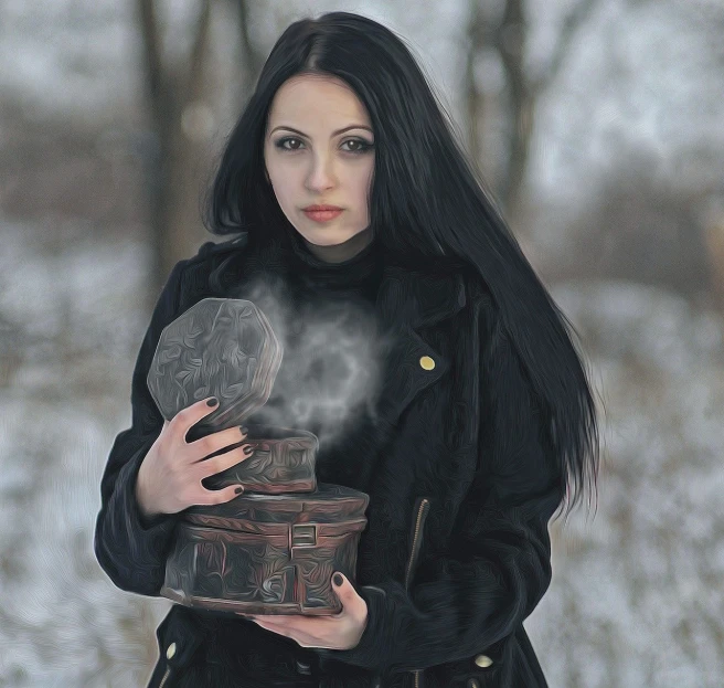 a woman holding a box with steam coming out of it, a portrait, inspired by Ivan Kramskoi, pixabay contest winner, gothic art, cold weather, female with long black hair, looking at the treasure box, photograph of a techwear woman