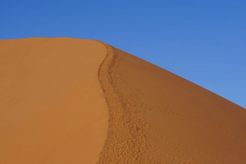 a person walking up a sand dune in the desert, a picture, by Etienne Delessert, flickr, hurufiyya, vertical composition, blue sky, many smooth curves, red caviar instead of sand