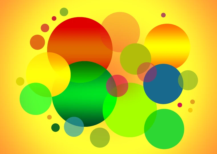 a bunch of different colored circles on a yellow background, vector art, inspired by Stanton Macdonald-Wright, flickr, abstract art, with gradients, lots of bubbles, !!! very coherent!!! vector art, vector images