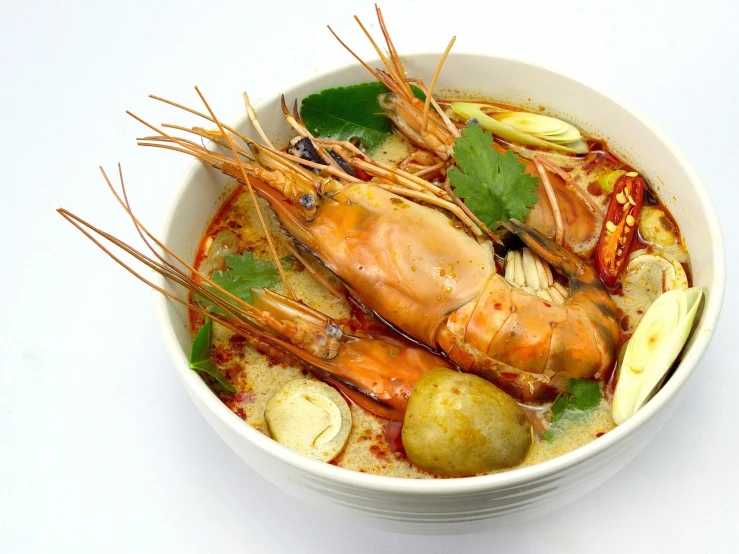 a close up of a bowl of food with shrimp, a pastel, by Basuki Abdullah, trending on pixabay, rasquache, wax, thai, “ golden chalice, portrait of a big