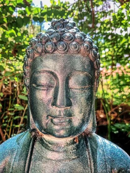 a close up of a statue with trees in the background, by Judith Gutierrez, pexels, zen meditation, portrait n - 9, front face, patina
