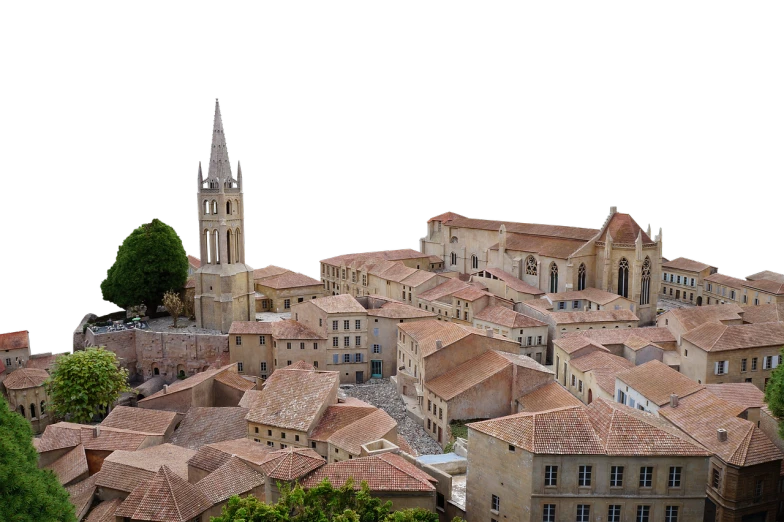 an aerial view of a small town with a clock tower, a tilt shift photo, by Richard Carline, figuration libre, alabaster gothic cathedral, panorama view, luisiana, detailed clay model