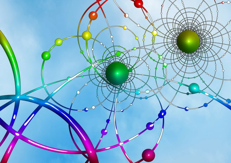 a bunch of balls that are in the air, an illustration of, flickr, kinetic art, technological rings, intricate rainbow environment, immersed within a network, on a bright day