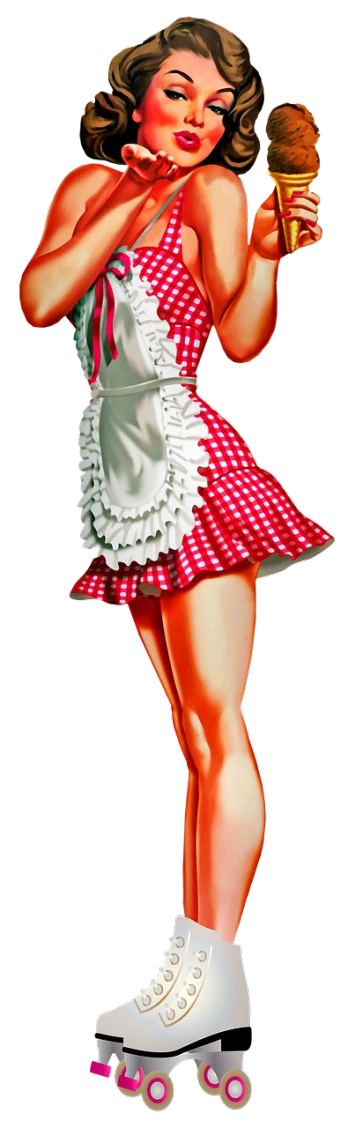 a woman in a red and white checkered dress eating a hamburger, pixiv, pop art, thighs!!!! gorgeous, white apron, airbrush render, detail