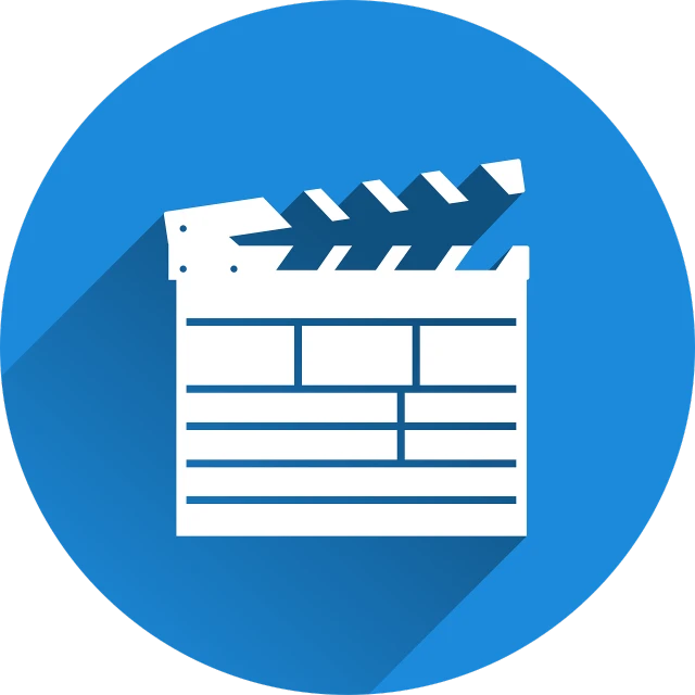 a movie clapper icon with a long shadow, pixabay, video art, infographics. logo. blue, avatar image, epk, cut