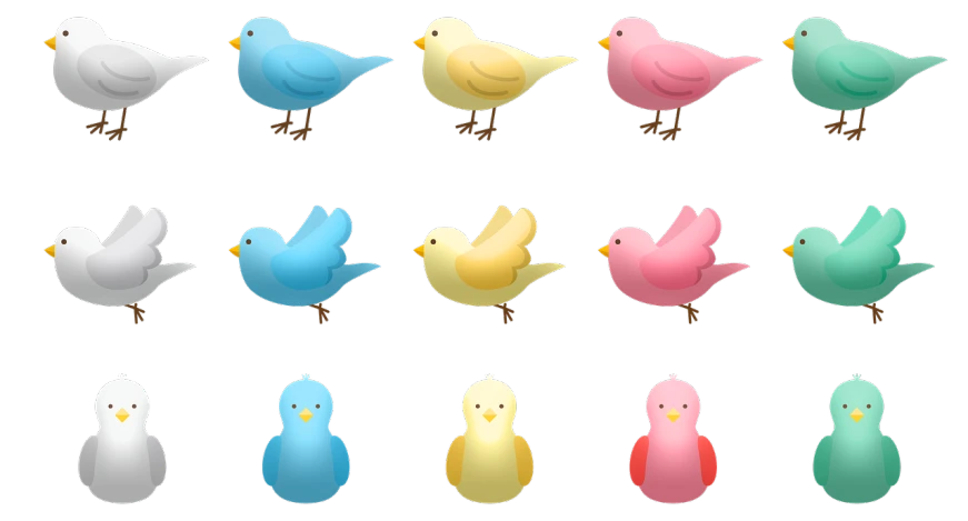a bunch of different colored birds on a black background, a screenshot, icon pack, fat, free, pastel colored