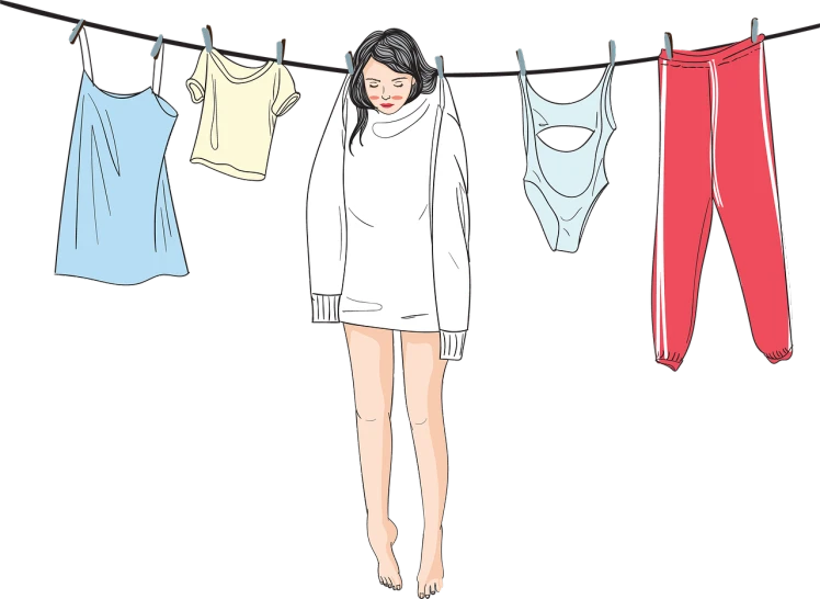 a woman hanging clothes on a clothes line, inspired by Conrad Roset, shutterstock, wearing a baggy pajamas, true realistic image, woman very tired, high contrast illustration