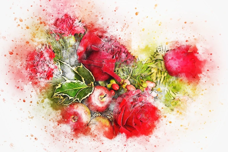 a watercolor painting of a bouquet of flowers, a digital painting, with snow covered colourful red, fruit and flowers, roses background, high quality product image”