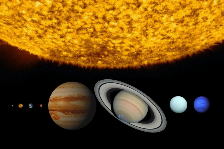 a group of planets with the sun in the background, by Scott M. Fischer, sense of scale, 2 0 1 0 photo, hyperdetailed illustration, the sun at their back