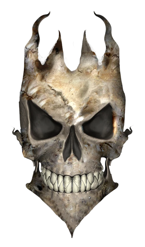 a close up of a skull on a black background, a digital rendering, digital art, iron crown, deteriorated, biker, devil smile