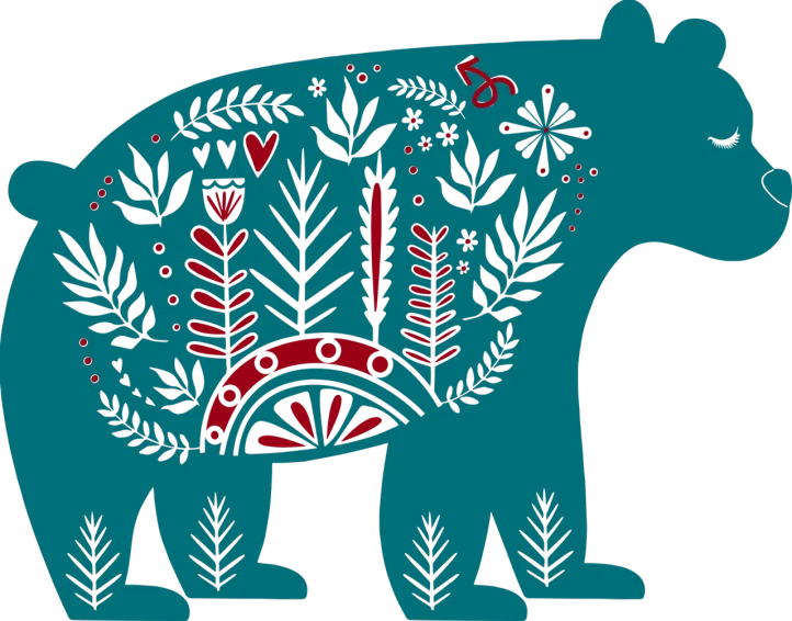 a bear with a floral design on its back, a screenprint, by Jaakko Mattila, cg society contest winner, folk art, red and teal color scheme, icon, blue-black, jungle