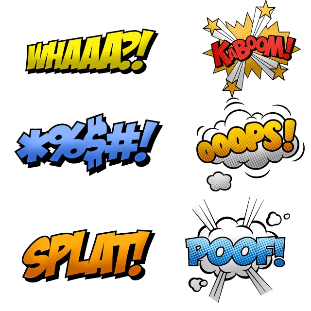 a set of comic speech bubbles on a black background, by Matthias Stom, shock art, amazing splashscreen artwork, oops, kid, harsh flash photo