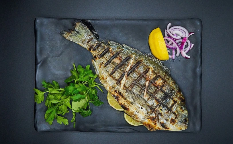 a grilled fish sitting on top of a black plate, a picture, shutterstock, realism, greek, full length photo, orthodox, product introduction photo