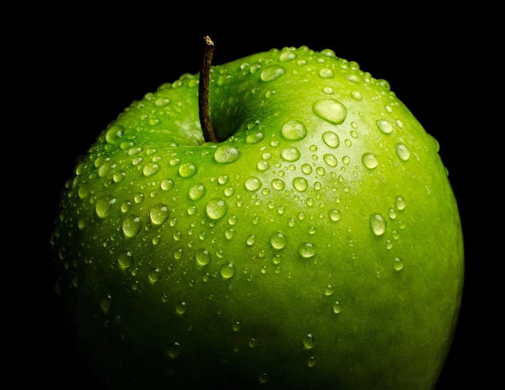 a green apple with water droplets on it, a picture, shutterstock, renaissance, accurate and detailed, wallpaper - 1 0 2 4, apple car, grain”