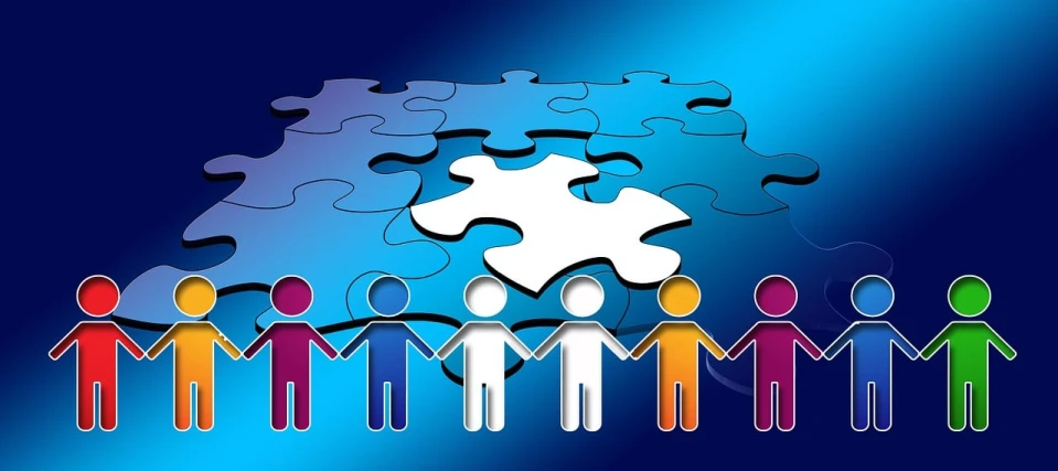 a group of people standing in front of a puzzle piece, by Jeanna bauck, trending on pixabay, with a blue background, very detailed picture, in a circle, holding each other