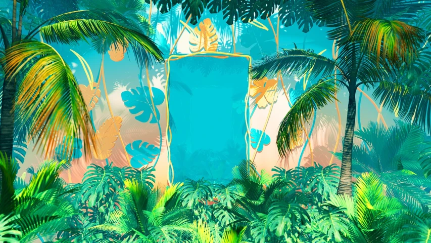a painting of a blue door surrounded by palm trees, a digital painting, inspired by Mike Winkelmann, behance contest winner, conceptual art, party in jungles, color field painting. 8k, plant forest in glass tubes, cyan photographic backdrop