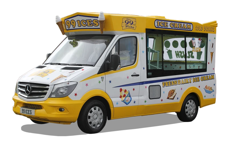 a yellow and white ice cream truck on a black background, renaissance, mercedes, h 9 6 0, blue and yellow color theme, microbus