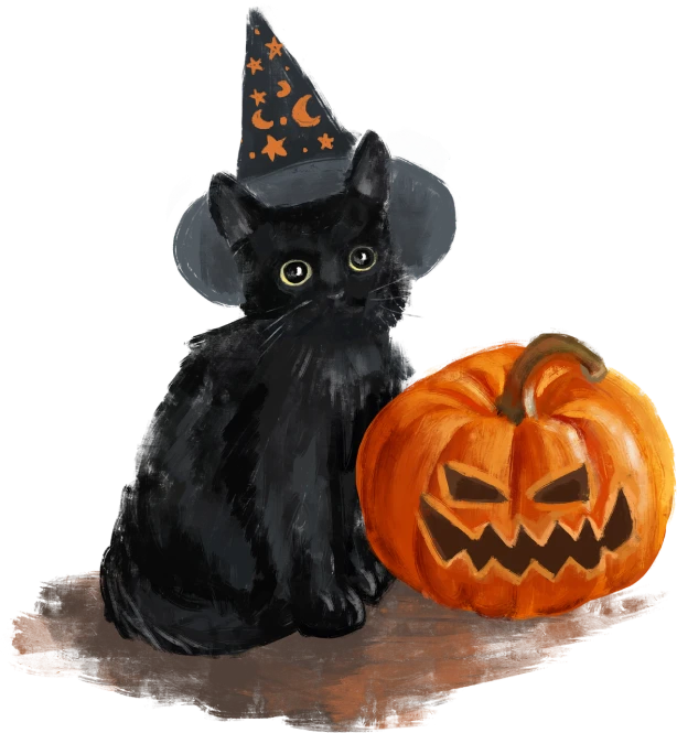 a black cat sitting next to a pumpkin, a pastel, by Jeka Kemp, pixabay, vanitas, cute chibi rat wizard, dark. no text, dark hat, black dog