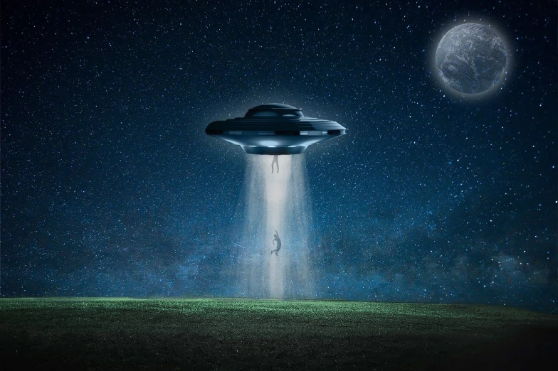 an image of a flying saucer in the sky, a hologram, by Kurt Roesch, shutterstock, surrealism, alien abduction, spaceship night, grey aliens, on an alien grassland