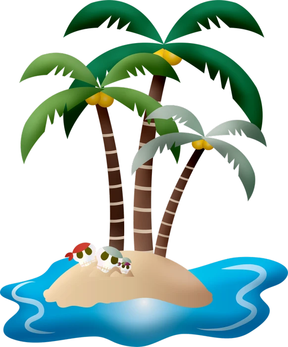 a small tropical island with two palm trees, an illustration of, inspired by Eiichiro Oda, deviantart, naive art, black backround. inkscape, watch photo, july 2 0 1 1, skull