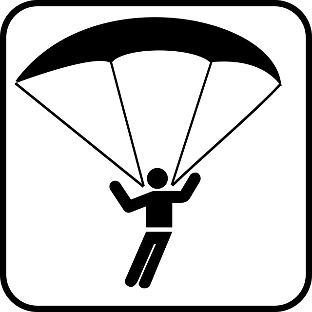 a black and white picture of a person with a parachute, vector art, by Andrei Kolkoutine, pixabay, hurufiyya, extreme sports, emergency, sign, on display