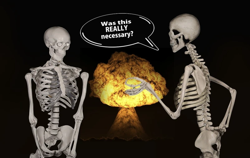 a couple of skeletons standing next to each other, a cartoon, by Clark Voorhees, nuclear art, realistic explosion, photo-shopped, nuclear cloud, dark people discussing