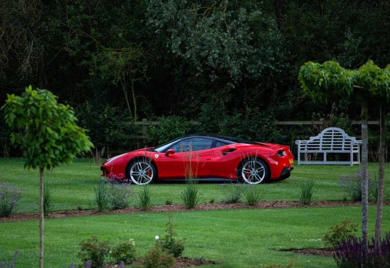 a red sports car sitting on top of a lush green field, a picture, by Richard Carline, pexels, visual art, ferrari 458, sitting in the garden, modern minimalist f 2 0, red iris