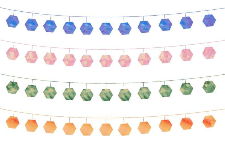 a bunch of paper hexagons hanging from a string, a digital rendering, by Maeda Masao, shutterstock, night color, border pattern, seasons!! : 🌸 ☀ 🍂 ❄, local illumination