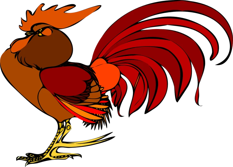 a close up of a rooster on a black background, an illustration of, by Ingrida Kadaka, pixabay contest winner, cell shaded adult animation, red and orange colored, mascot illustration, full length shot