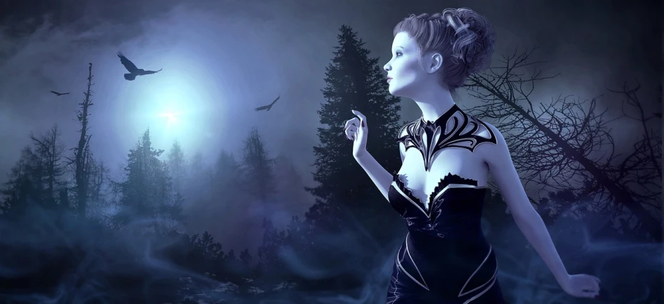 a woman in a black dress standing in front of a full moon, digital art, inspired by Nene Thomas, trending on cg society, gothic art, blue forest, aetherpunk airbrush digital art, soft moonlight lighting, the ice queen
